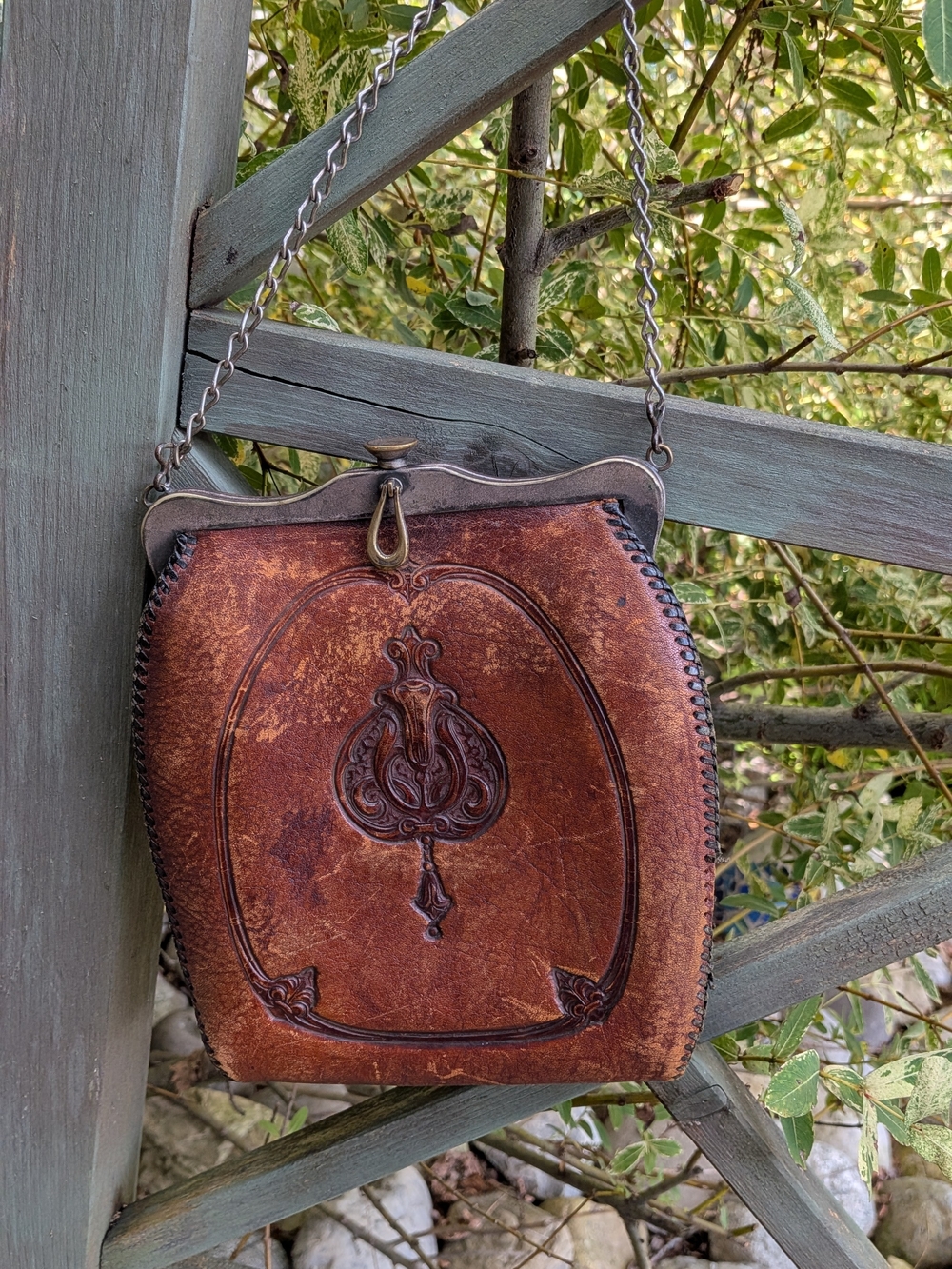 Vintage Tooled Leather Purse Handbag Chain Strap Western Boho